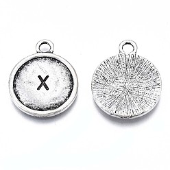 Antique Silver Tibetan Style Alloy Pendants, Cadmium Free & Lead Free, Flat Round with Initial Letter X, Antique Silver, 22x18x2mm, Hole: 2.5mm