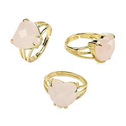 Розовый Кварц Латунные манжеты с открытыми кольцами, с натуральным розовым кварцем, сердце, граненые, стойки покрытие, долговечный, золотые, размер США 8 1/2 (18.5 мм)
