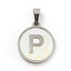 Letter P 304 Stainless Steel with White Shell Pendants, Stainless Steel Color, Flat Round with Letter Charm, Letter.P, 18x16x1.5mm, Hole: 3x6mm