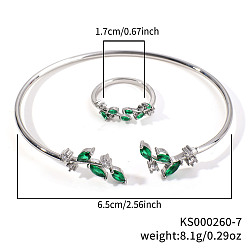 Зеленый Модные комплекты из латунных браслетов и колец с кубическим цирконием в форме листьев для повседневной носки, платина, зелёные