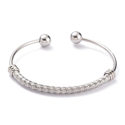 Stainless Steel Color 304 Stainless Steel Torque Bangles, with Round Immovable Beads, Twisted, Stainless Steel Color, Inner Diameter: 2-1/2x1-7/8 inch(6.3x4.8cm)