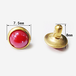 Red Iron Rivet Set, with Imitation Cat Eye Plastic Beads, for Purse Handbag Shoes Leather Craft Clothes Belt, Half Round, Golden, Red, 8x7.5mm