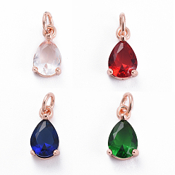 Mixed Color Brass Micro Pave Cubic Zirconia Pendants, with Jump Ring, Teardrop, Rose Gold, Mixed Color, 11.5x6.5x4mm, Hole: 3mm