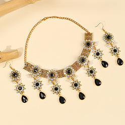 black Baroque Crystal Tassel Earrings Necklace Set for Evening Party Bride Jewelry
