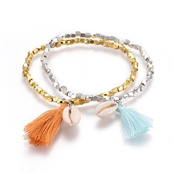 Mixed Color Brass Beads Stretch Bracelets, with Cotton Thread Tassel Pendant and Cowrie Shell, Mixed Color, 2-1/4 inch(5.8cm), 2pcs/set