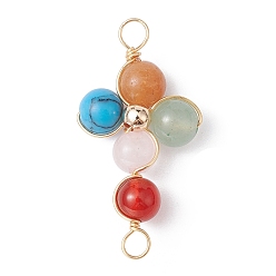 Mixed Stone Mixed Gemstone Connector Charms, Eco-Friendly Light Gold Plated Copper Wire Wrapped Cross Links, 34x17x8mm, Hole: 3mm