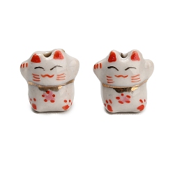 Белый Фарфоровые бусины ручной работы, ручная роспись, Maneki Neko, белые, 16.5x16x12 мм, отверстие : 1.8 мм