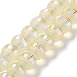 Cornsilk Electroplate Glass Beads Strands, Rainbow Plated, Frosted and Faceted(96 Facets), Round, Cornsilk, 9.5~10x9~9.5mm, Hole: 1.8mm, about 69~70pcs/strand, 24.57''(62.4~63.1cm)