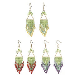 Mixed Color 3Pair 304 Stainless Steel Leaf Dangle Earrings, with Glass Seed & Amethyst & Carnelian & Yellow Quartz & Natural Agate, Golden, Mixed Color, 82x19mm