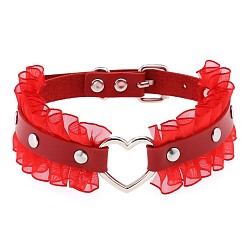Red Punk Harajuku Lace Black Elegant PU Leather Heart-shaped Collar Lockable Choker Necklace for Women