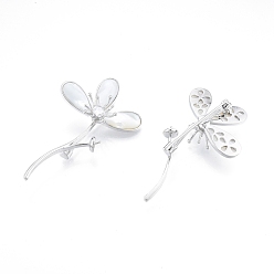 Real Platinum Plated Brass Brooch Findings, Lapel Pin Findings with Shell and Glass, for Half Drilled Beads, Flower, Real Platinum Plated, 61x34x14mm, Pin: 1mm
