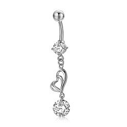 Clear Piercing Jewelry, Brass Cubic Zirciona Navel Ring, Belly Rings, with 304 Stainless Steel Bar, Lead Free & Cadmium Free, Heart, Clear, 48.5mm, Pendant: 26.5x8mm, Bar: 14 Gauge(1.6mm), Bar Length: 3/8"(10mm)