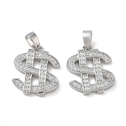 Platinum Brass Micro Pave Clear Cubic Zirconia Pendants, Dollar Sign Charms, Platinum, 16x14x2.5mm, Hole: 5x3mm