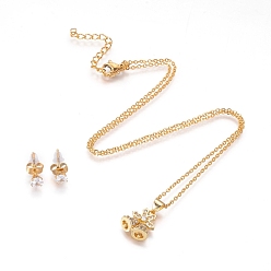 Золотой 304 нержавеющей стали ювелирных изделий, ожерелья из кулона из микропаве из латуни с микропаве и 304 серьги из нержавеющей стали, с ушными гайками / серьгой сзади, Рождественский колокольчик, прозрачные, золотые, 17.7 дюйм (45 см), 5.5x4 мм, штифты : 0.8 мм