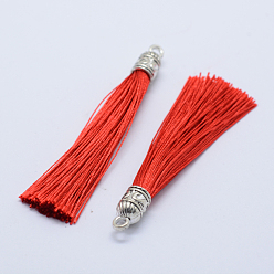 Rouge Nylon pompon grandes décorations pendantes, avec les accessoires en alliage d'argent antique, rouge, 55~67x7mm, Trou: 2mm