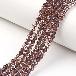 Brun Saddle Plaquent verre transparent perles brins, la moitié du cuivre plaqué, facette, rondelle, selle marron, 3.5x3mm, Trou: 0.4mm, Environ 123~127 pcs/chapelet, 13.7~14.1 pouce (35~36 cm)