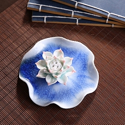 Bleu Royal Brûleurs d'encens en porcelaine, porte-encens lotus avec feuilles, bureau à domicile salon de thé fournitures bouddhistes zen, bleu royal, 110x110mm