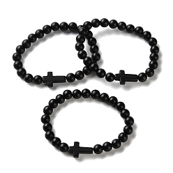 Black Onyx Браслеты из натурального обсидиана и матового черного оникса (окрашенные и нагретые) с крестообразными и круглыми бусинами, внутренний диаметр: 2-1/8 дюйм (5.5 см)