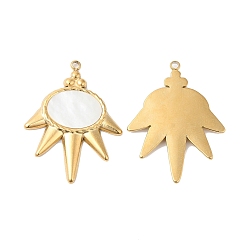 Real 14K Gold Plated Ion Plating(IP) 304 Stainless Steel Pendants, with White Shell, Sun Charm, Real 14K Gold Plated, 28x21x2mm, Hole: 1.4mm