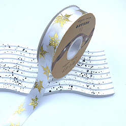 White 48 Yards Thanksgiving Day Polyester Satin Ribbons, Gold Stamping Maple Leaf, White, 1 inch(25mm), about 48.00 Yards(43.89m)/Roll