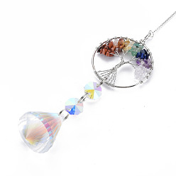 Mixed Stone Natural Mixed Gemstone Big Pendants, with Platinum Brass Chain Extender and Findings, Plating Glass Teardrop & Flower, Clear AB Color, Flat Round with Tree of Life, 140mm, Hole: 3.5x5.5mm