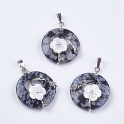 Snowflake Obsidian Natural Snowflake Obsidian Pendants, with Shell, Rhinestone and Platinum Tone Brass Findings, Flat Round with Flower, 35.5~36x28x8mm, Hole: 5x8mm