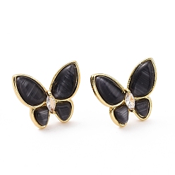 Black Cat Eye Butterfly Stud Earrings with Clear Cubic Zirconia, Real 18K Gold Plated Brass Jewelry for Women, Cadmium Free & Lead Free, Black, 15x17.5mm, Pin: 0.7mm