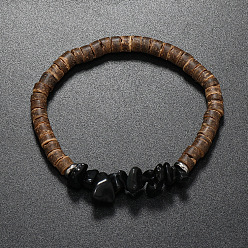 Obsidian Natural Obsidian Chips & Coconut Disc Beaded Stretch Bracelets, Inner Diameter: 2-1/8 inch(5.5cm)