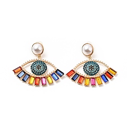 Colorful Rhinestone Evil Eye Dangle Stud Earrings with Acrylic Pearl Beaded, Light Gold Plated Alloy Long Drop Earrings for Women, Colorful, 56.5mm, Pin: 0.7mm