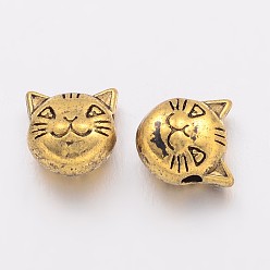 Or Antique Perles de chaton en alliage de style tibétain, tête de chat, sans plomb et sans cadmium, Or antique, 8x8x5mm, Trou: 2mm
