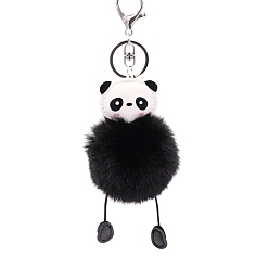 Black Panda Furry Pom-Pom Keychain for Women, Polypropylene Imitation Rabbit Fur Car Charm Bag Pendant, Black, 8cm
