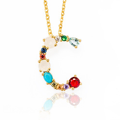 Letter C Golden Brass Micro Pave Cubic Zirconia Initial Pendants Necklaces, with Cable Chains, Colorful, Letter, Letter.C, 17.9~18.1 inch(45.5~46cm)x1.5mm, LetterC: 20x15x6mm