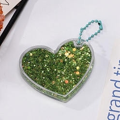 Olive Drab Heart Acrylic Quicksand Keychain, Glitter Chasing Pendant Decorations Sticker Keychain, with Ball Chains, Olive Drab, 65x50mm
