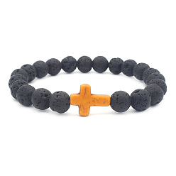 Orange Cross Colorful Lava Stone Beaded Bracelet with Cross Pendant Jewelry