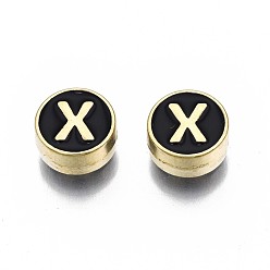 Letter X Alloy Enamel Beads, Cadmium Free & Lead Free, Light Gold, Flat Round with Alphabet, Black, Letter.X, 8x4mm, Hole: 1.5mm