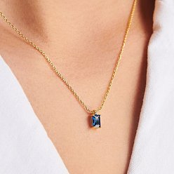 Blue Birthstone Style Cubic Zirconia Rectangle Pendant Necklaces, Golden Titanium Steel Necklace, Blue, 15.75 inch(40cm)
