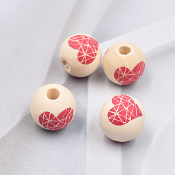 PapayaWhip Valentine's Day Theme Printed Wood European Beads, Large Hole Beads, Round with Heart Pattern, PapayaWhip, 16mm, Hole: 4mm