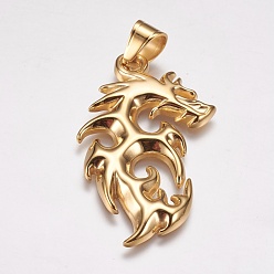 Golden 304 Stainless Steel Big Pendants, Ion Plating (IP), Dragon, Golden, 53x30x3mm, Hole: 7x9mm