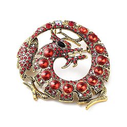 Red Dragon Rhinestone Brooch Pins, Alloy Badge for Unisex, Antique Golden, Red, 63x56.5x15mm
