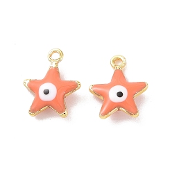 Коралловый Латунь эмаль подвески, реальный 18 k позолоченный, звезда с дурным глазом, коралл, 10x8x3 мм, отверстие : 1 мм