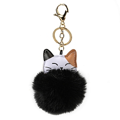 Black Imitation Rex Rabbit Fur Ball & PU Leather Cat Pendant Keychain, with Alloy Clasp, for Bag Car Pendant Decoration, Black, 16cm
