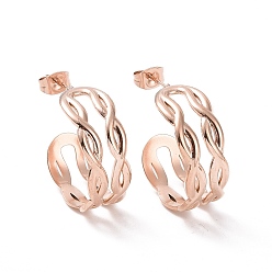 Rose Gold Ion Plating(IP) 304 Stainless Steel Double Layer C-shape Stud Earrings, Half Hoop Earrings for Women, Rose Gold, 24x10mm, Pin: 0.7mm