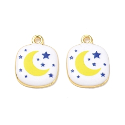 Yellow Printed Brass Pendants, Rectangle with Moon Charms, Rack Plating, Long-Lasting Plated, Lead Free & Cadmium Free, Real 18K Gold Plated, Yellow, 23x17.5x3mm, Hole: 2.5mm