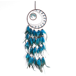 Dodger Blue Iron & Synthetic Turquoise Woven Web/Net with Feather Pendant Decorations, Flat Round with Tree, Dodger Blue, 160mm