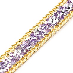 Violet Hotfix Rhinestone Trimming, Resin Rhinestone, with Golden Brass Curb Chain Edge, Hot Melt Adhesive on the Back, Costume Accessories, Violet, 17x2mm