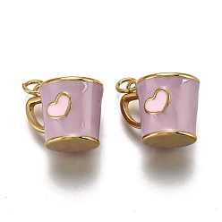 Medium Purple Brass Pendants, with Enamel and Jump Rings, Cup with Heart Pattern, Real 18K Gold Plated, Medium Purple, 14.5x17x13mm, Hole: 3mm