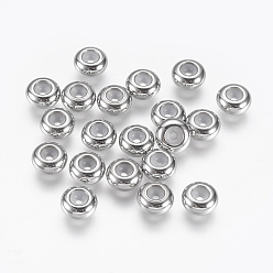 Stainless Steel Color 201 Stainless Steel Beads, with Rubber Inside, Slider Beads, Stopper Beads, Rondelle, Stainless Steel Color, 7x3.5mm, Rubber Hole: 1mm
