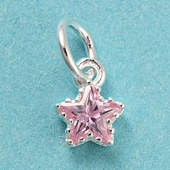 Pink 925 Sterling Silver Charms, with Cubic Zirconia, Faceted Star, Silver, Pink, 7x5x2.5mm, Hole: 3mm