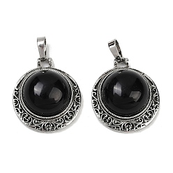 Обсидиан Полукруглые подвески из натурального обсидиана, сплав драгоценных камней амулеты, античное серебро, без свинца и без кадмия, 25x22x8~9 мм, отверстие : 7x4 мм