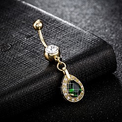 Dark Green Piercing Jewelry, Brass Cubic Zirconia Navel Ring, Belly Rings, with 304 Stainless Steel Bar, Cadmium Free & Lead Free, teardrop, Real 18K Gold Plated, Dark Green, 47x10mm, Bar: 15 Gauge(1.5mm), Bar Length: 3/8"(10mm)
